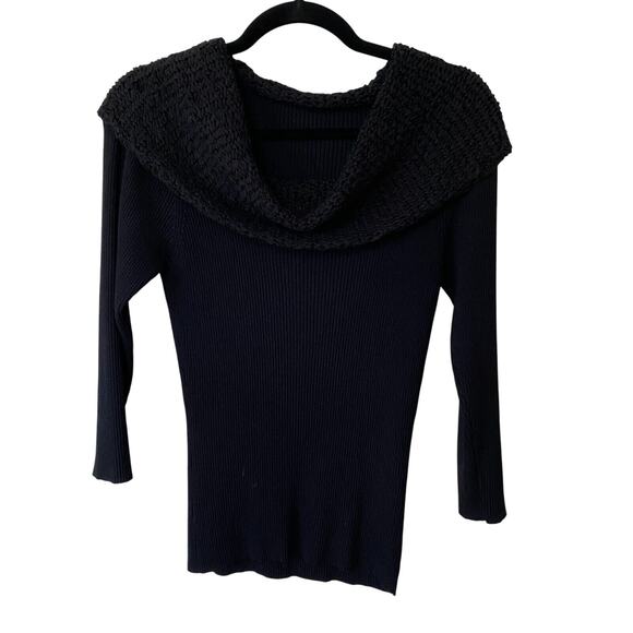 Black Long Sleeve Stretchy Blouse Shawl Cowel Crochet Wide Neckline Medium - Picture 1 of 7
